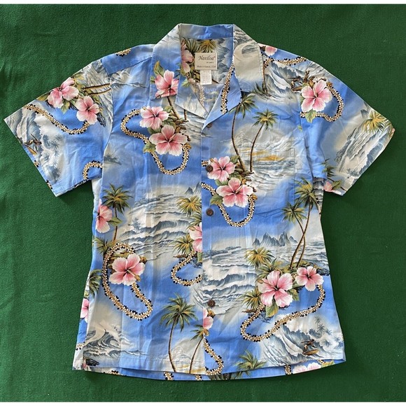 Naniloa Blue Medium Aloha Hawaiian Shirt Hibiscus Leis Surfers Cotton - Picture 1 of 3